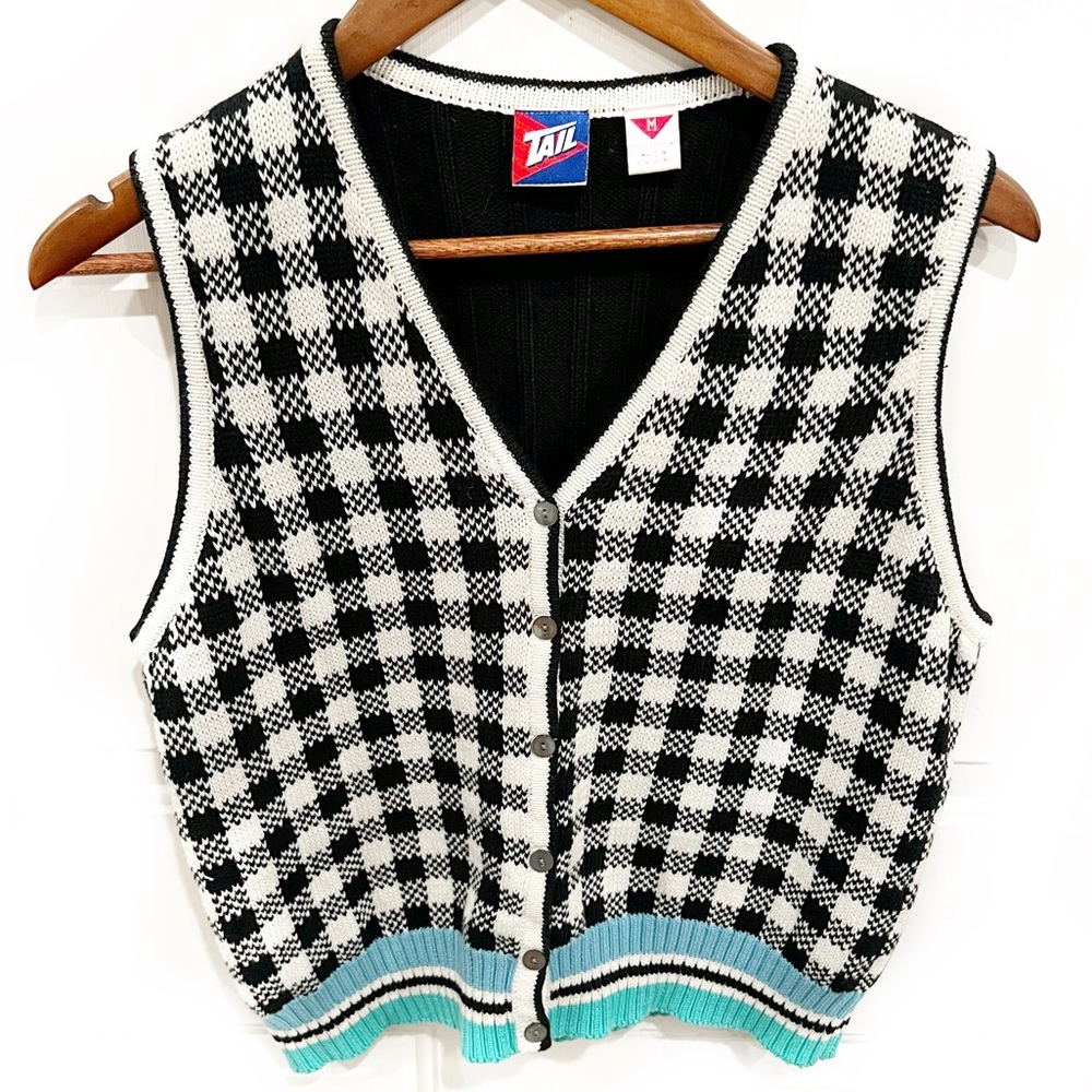 Vintage Black and White Checkered V-Neck Sweater Vest with Teal Trim